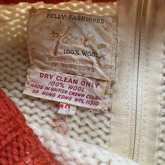 Vintage Red White 100% Wool Sweater Zip Back 70s Large - Picture 4 of 7